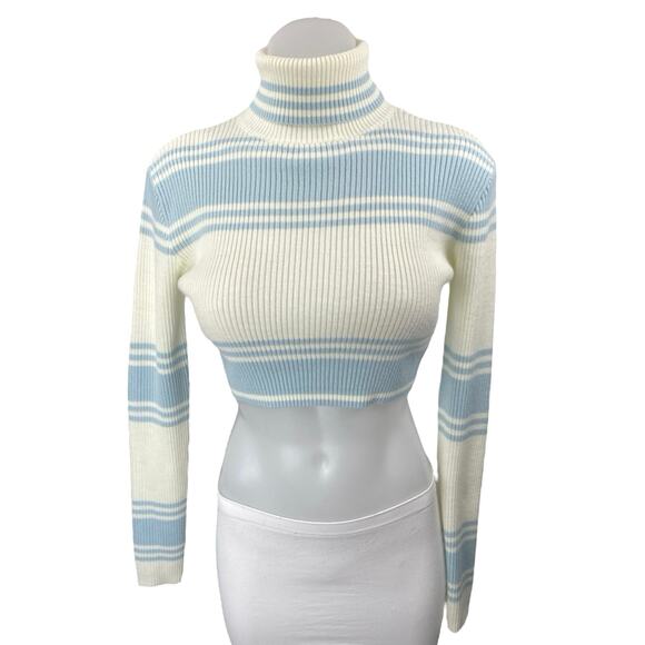 All The Ways Blue Striped Rib Knit Long Sleeve Turtleneck Crop Sweater Top Sz XS - Picture 1 of 4